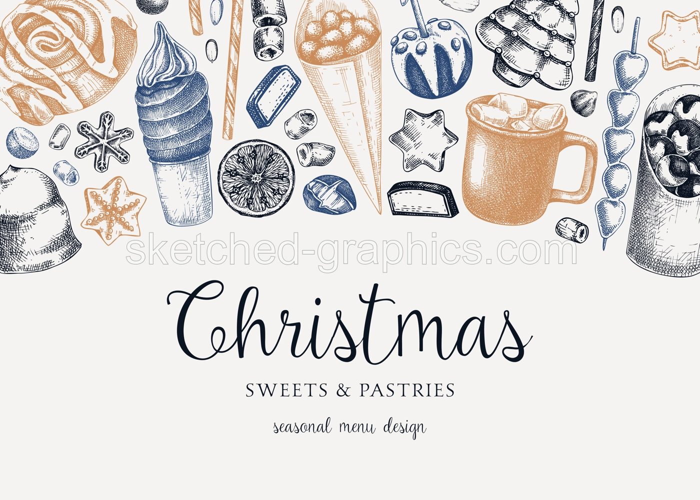 Christmas food background. Christmas market design template. Hand-drawn vector illustration. Hot drinks, candies, cookies, pastries sketches. Winter holiday menu banner. Invitation, Greeting card Illustration